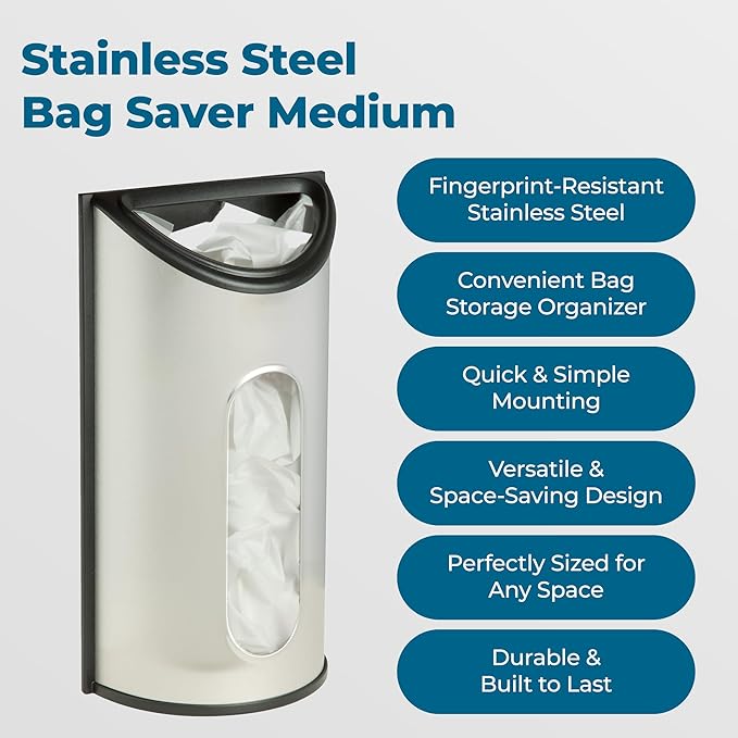 Honey-Can-Do Stainless Steel Plastic Bag Saver & Trash Bag Dispenser, Wall-Mounted Plastic Bag Organizer for Kitchen, Pantry, Garage, Durable Stainless Steel Storage for Grocery Bags and Space-Saving