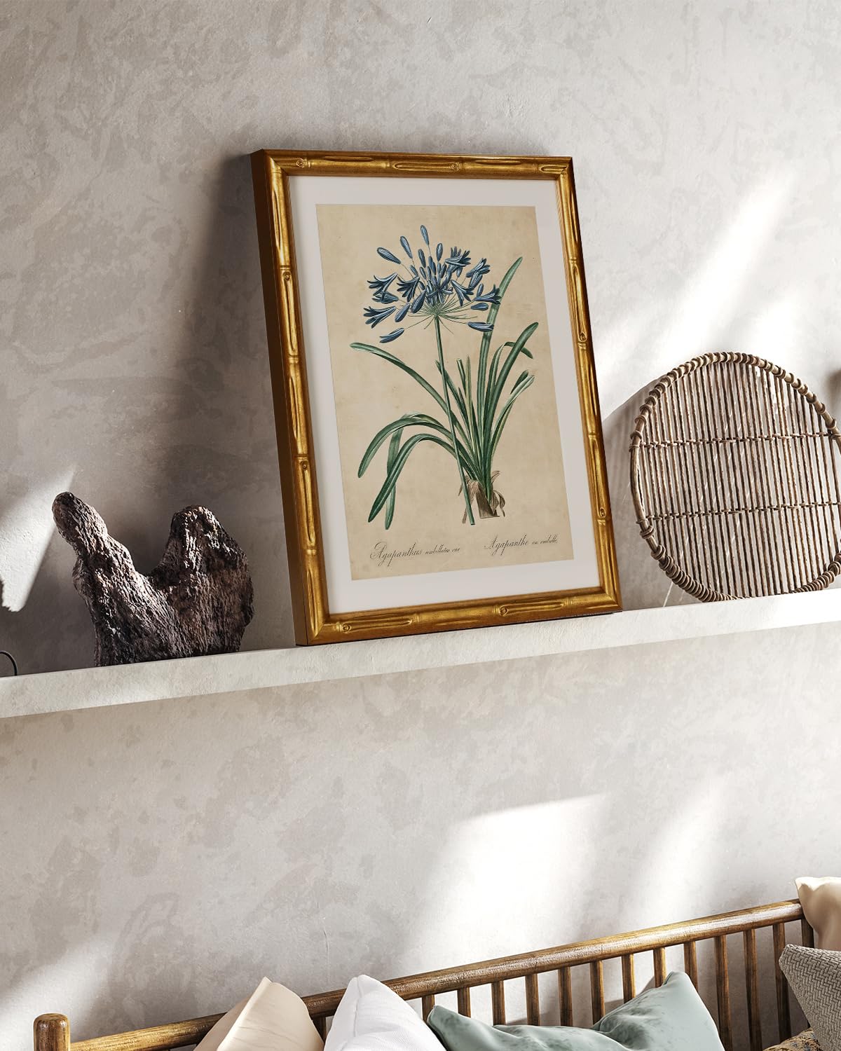 InSimSea Gold Bamboo Framed Canvas Wall Art, Retro Lily Botanical Prints, Antique Moody Picture Frame with Mat, Victorian Home Wall Decor for Kitchen Dining Living Room Bedroom, 11x14inch