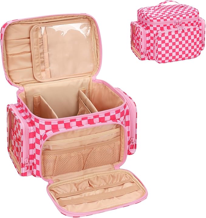 Bagmoly Large Checkered Makeup Bag, Travel Makeup Bag Organizer for Women Girls with Makeup Brush Compartment & Two Side Pockets, Cosmetic Travel Bag Vertical Storage Toiletry Bag- Hotpink