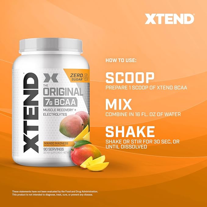 Original BCAA Powder Mango Madness | Sugar Free Post Workout Muscle Recovery Drink with Amino Acids | 7g BCAAs for Men & Women | 90 Servings