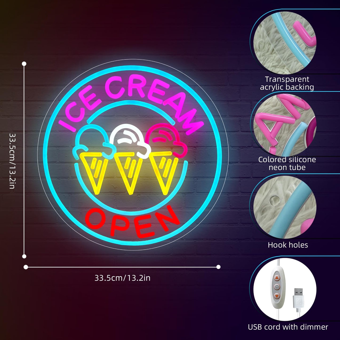 Ice Cream Open Neon Sign for Wall Decor, Gelato Open Logo LED Light Sign USB Powered Dimmable Neon Signs for Business Restaurant Bar Girls Bedroom Coffee Ice Cream Shop 13.2"×13.2"