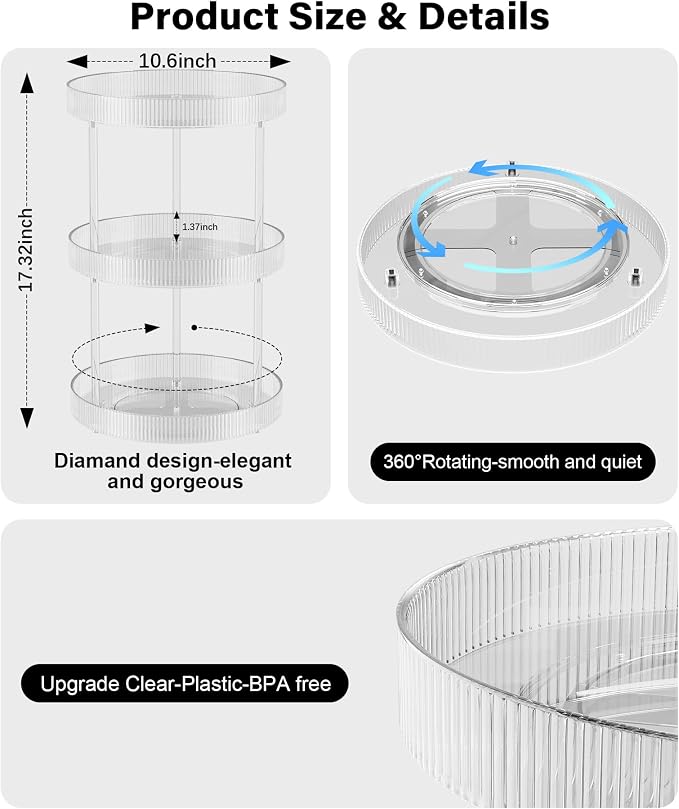 3 Tier Lazy Susan Bathroom Countertop Organizer, 360° Clear Rotating Makeup Cosmetic Perfume Storage Tray, Spinning Vanity Organizer Shelf for Bathroom Cabinet, Dresser, Kitchen(Large)