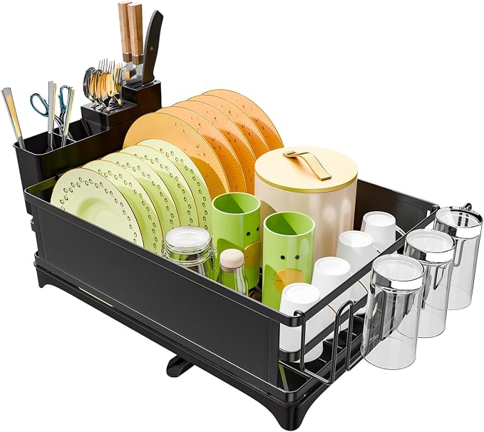 Simple Trending Dish Drying Rack, Space-Saving Large Dish Rack for Kitchen Counter, Anti-Rust Dish Drainer with Cutlery & Cup Holders, Black