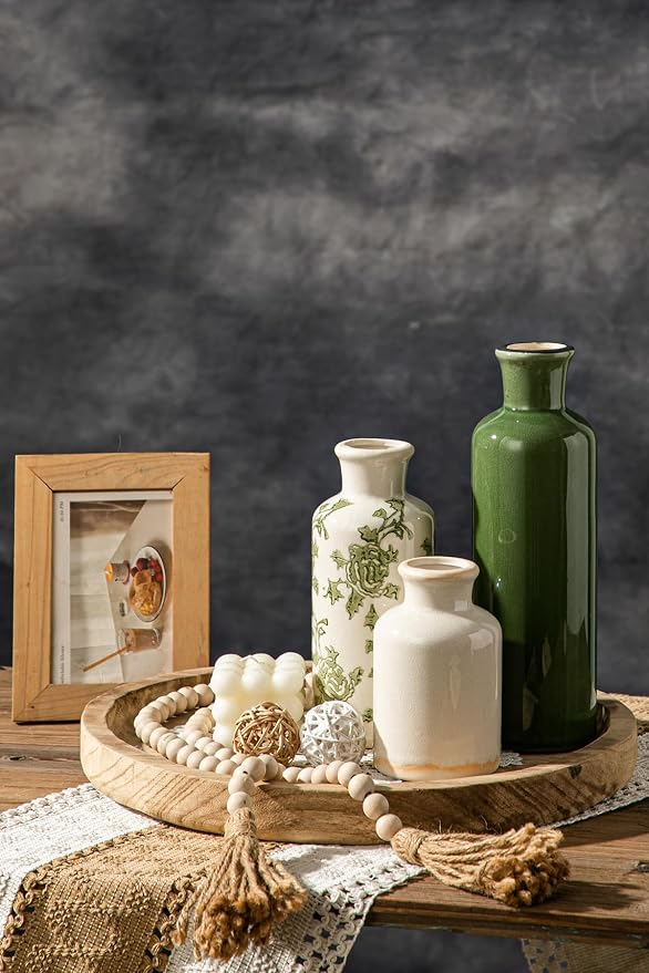 Rustic Ceramic Vase Set of 3, Flower Vases for Farmhouse Decor, Kitchen Living Room Table Centerpieces Decoration, Shelf, Mantel and Entrance Decorations-Multicolor.
