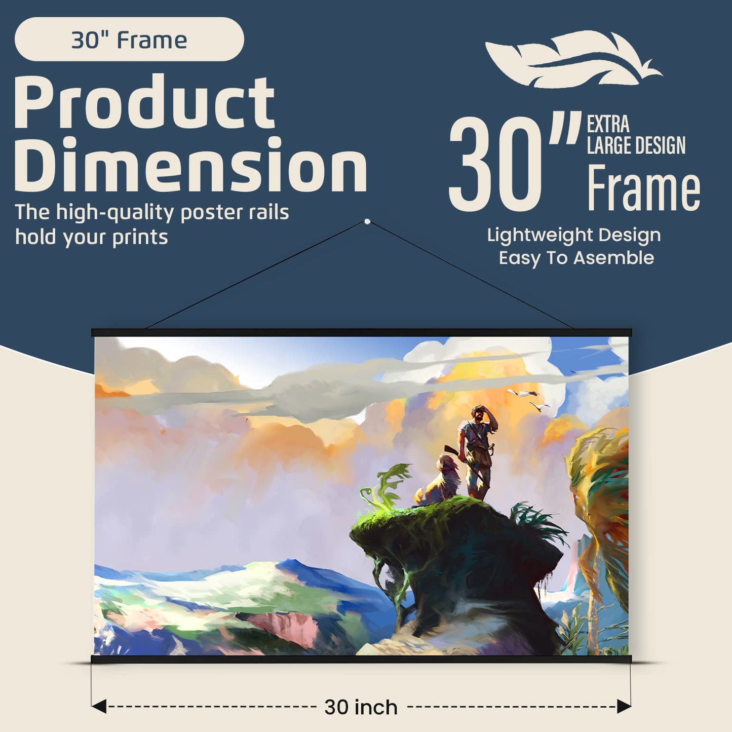 Landmass 30” Wide Black Magnetic Poster Hanger - 30x20 30x24 30x30 30x40 - Wood Hugger Frame for Posters, Prints, Photos, Pictures, Maps, Scrolls, and Artwork - Wall Hanging Wooden Frame