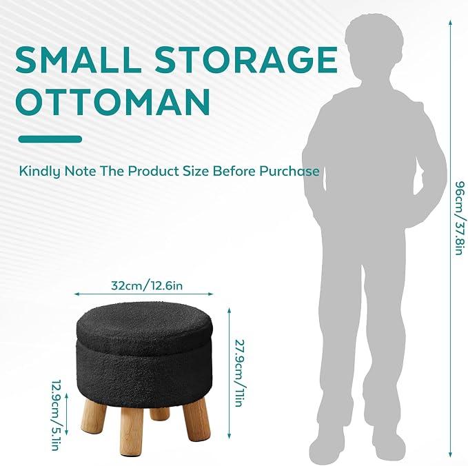 Small Foot Stool Ottoman with Storage, Sherpa Ottoman Foot Rest for Couch, Round Footstool with Storage, Small Ottomans and Footstools for Living Room and Entryway (Black)