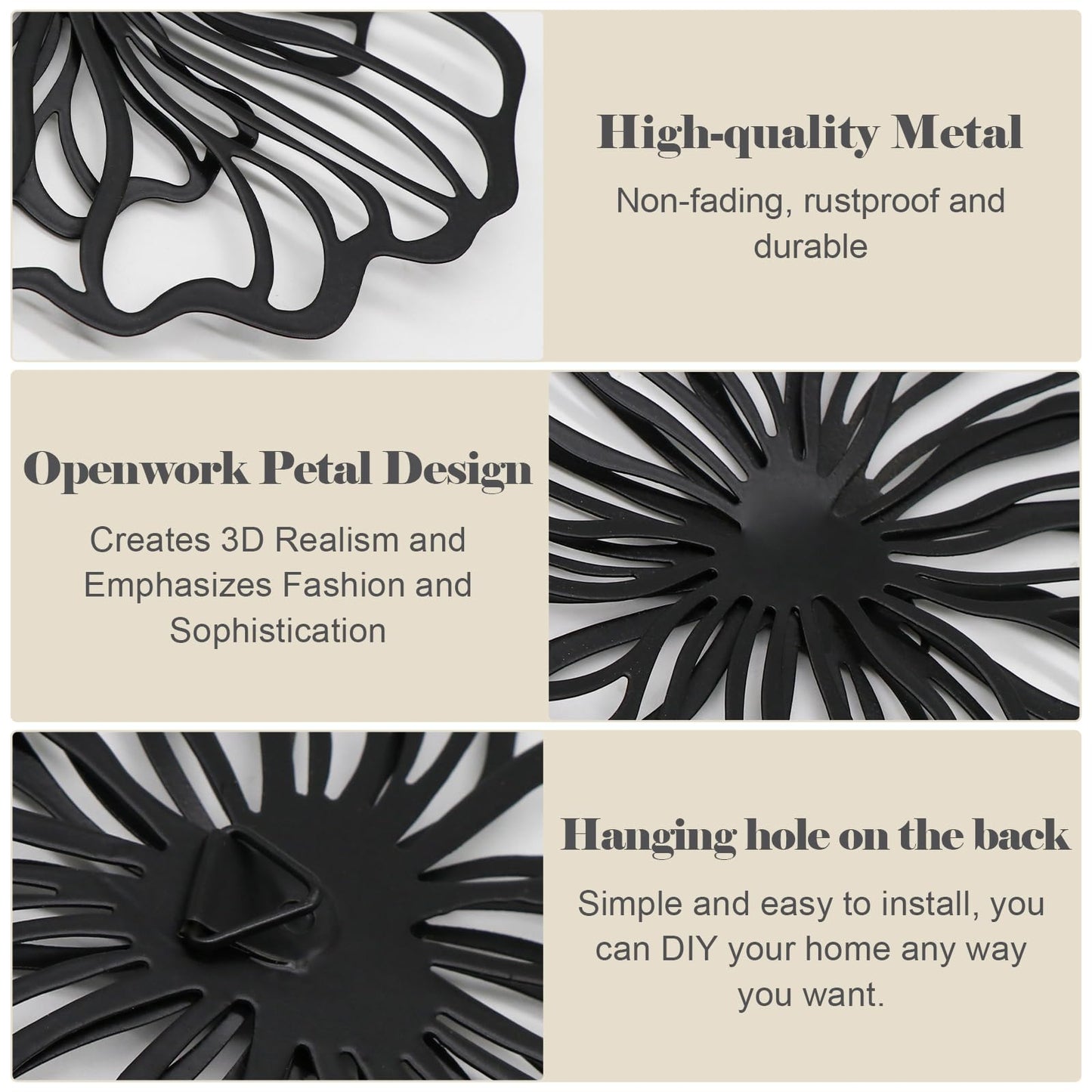 7 Piece Metal Wall Decor for Living Room, Boho Double Layered Iron Flower Wall Hanging Art, Aesthetic Indoor Metal Wall Sculpture Decor for Bedroom Kitchen Bathroom Farmhouse Home Office, Black-White