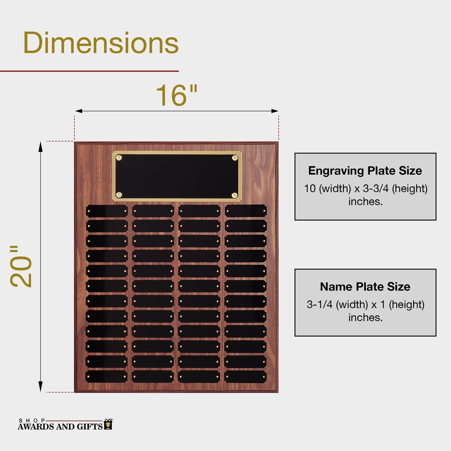 SHOP AWARDS AND GIFTS 16 x 20 Inch Perpetual Plaque Award Multiple Name Plate Board for Employee Appreciation, Recognition, Achievement, Walnut Finish with Black and Gold Header, 48 Name Plates