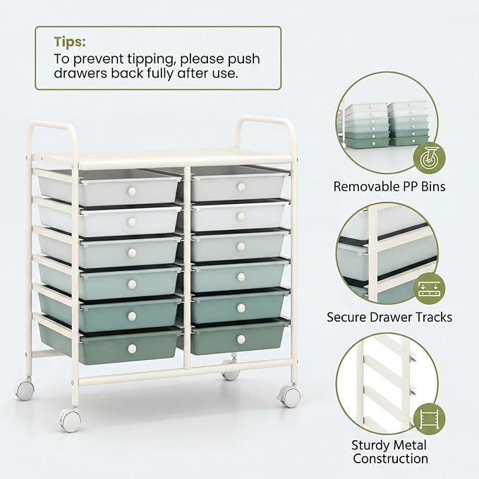 COSTWAY 12-Drawer Rolling Storage Cart, Utility Storage Organizer Cart for Tools, Scrapbook, Paper, Craft, Multipurpose Art Supply Organizer on Wheels for Home Office School, Teacher, Green Gradient