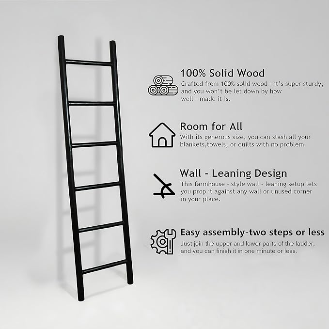 Wooden Blanket Ladder - 76in Natural & Motley Wood - Leaning Wall Decor for Bedroom, Bathroom, Living Room - Rustic Quilt Holder & Towel Rack (Black, 76in | Pre Assembled)