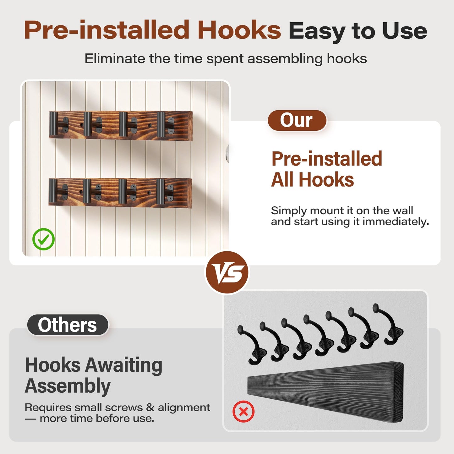 Orapoke Coat Rack Wall Mount 2 Pack with 8 Pre-Installed Metal Hooks, Rustic Pine Solid Wood Coat Hanger Wall Mount for Entryway & Living Room, Coat Hooks for Hanging Jacket, Hat, Backpack (32.3")