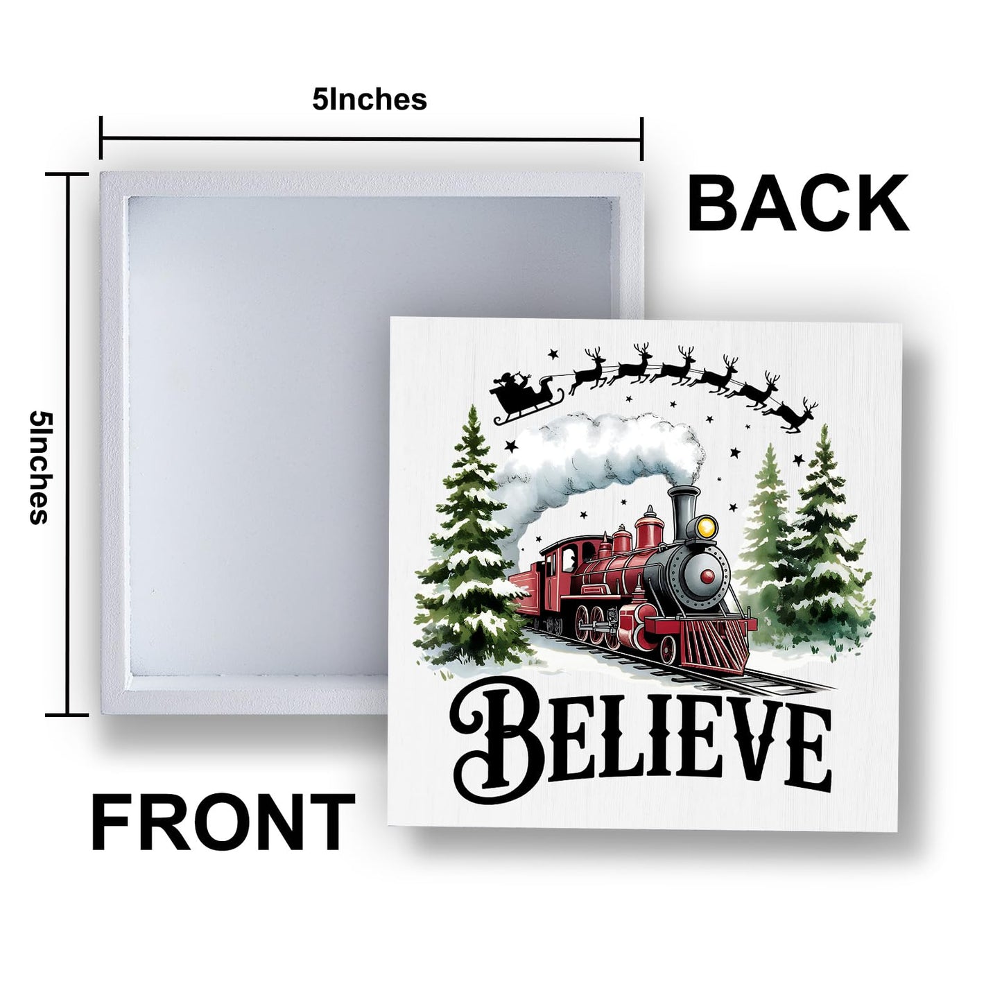 WIKERL Merry Christmas Wooden Box Sign Plaque, Santa Sleigh Decor Believe in Tree Wood Block Sign, Train Winter Holiday Decoration for Home Office Desk Table Shelf Wall