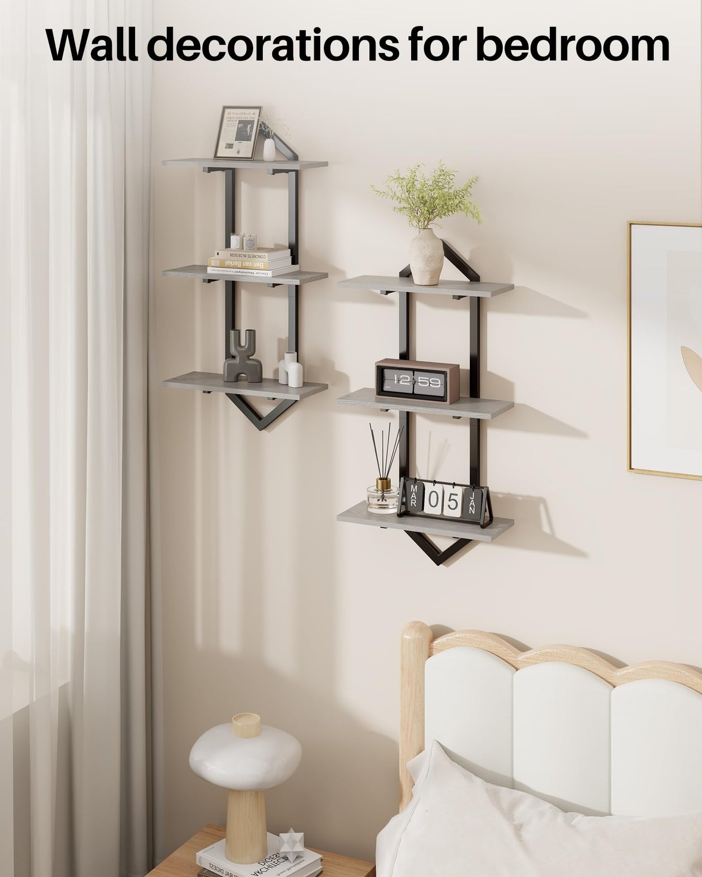Forjarn 3 Tier Floating Shelves, Set of 2 Wall Shelves for Living Room, Modern Geometric Wooden Shelf for Wall Decor, Hanging Storage Shelf for Bedroom Bathroom Kitchen Home Office (Greige + Black)