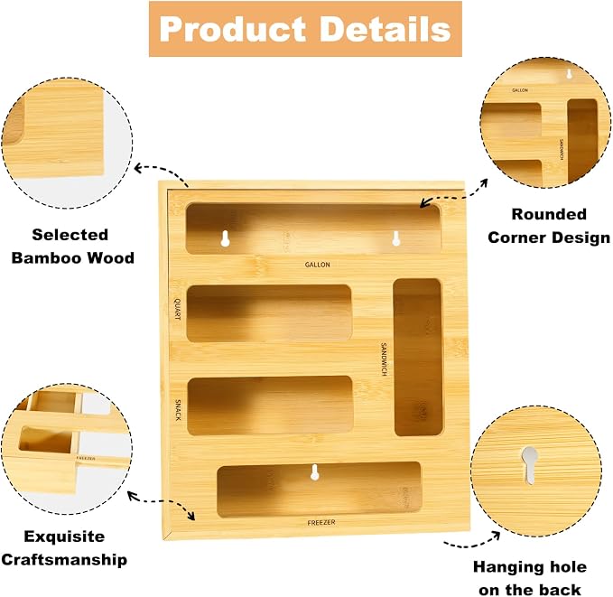 Bag Storage Organizer Compatible with Ziploc | Gallon, Quart, Sandwich & Snack Sized Slider Bags,Bamboo Organizer For Drawer,13.7"L*11.8H"*3.1W"
