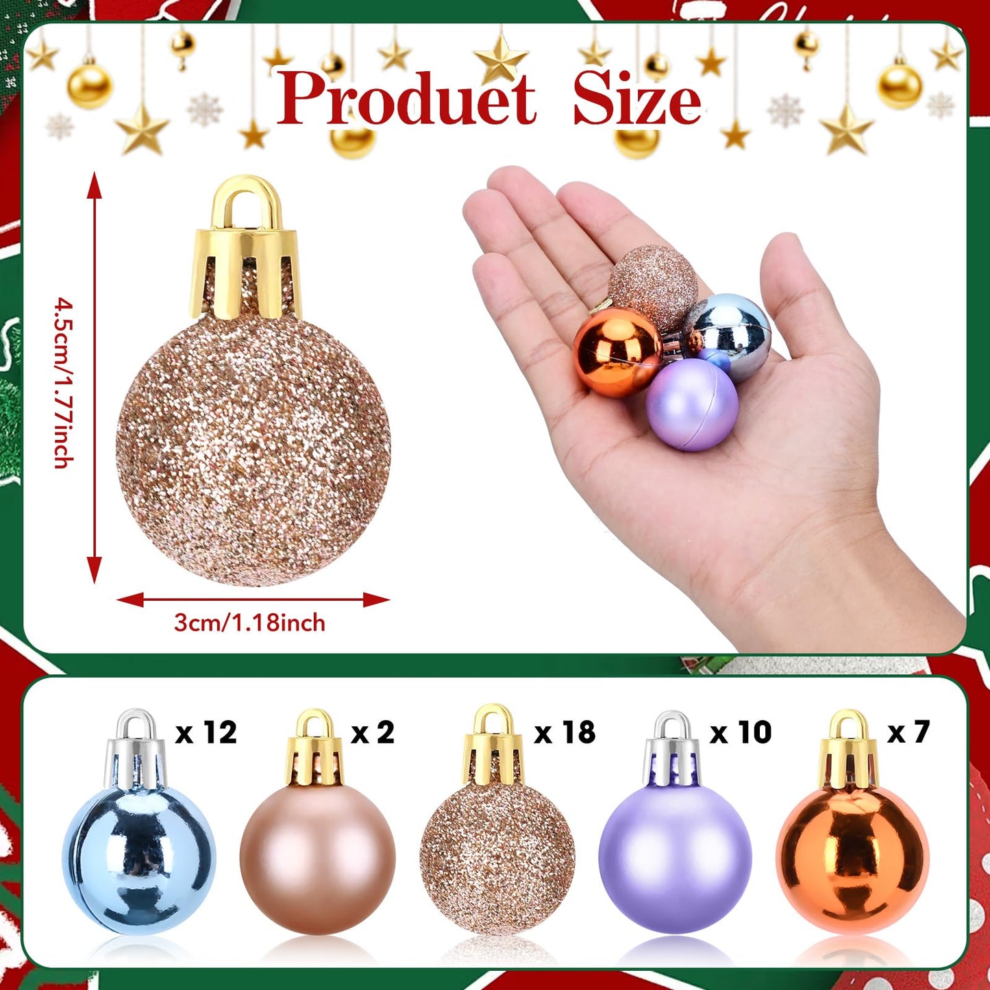 49PCS Mini Christmas Balls Ornaments Set - 3cm/1.18” Small Christmas Tree Ornaments for Mini Tree Decorations, Shatterproof Hanging Ball Bulk for Xmas Holiday Wreath Decor