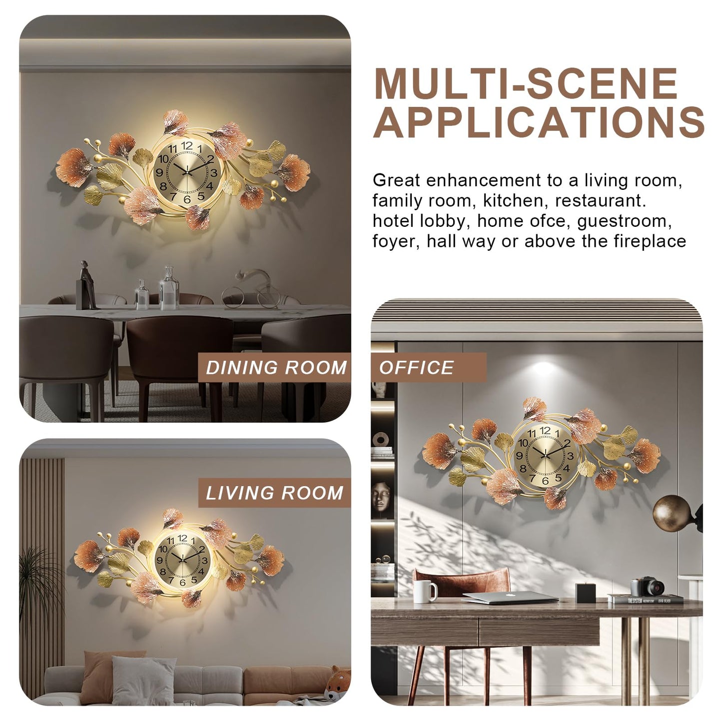 HEBOIX Large Wall Clocks for Living Room Decor with Silent Quartz Movement and 3D Ginkgo Leaf Modern Stylish Decorative Metal Wall Clock for Living Room/Bedroom/Office/Bathroom Wall Art