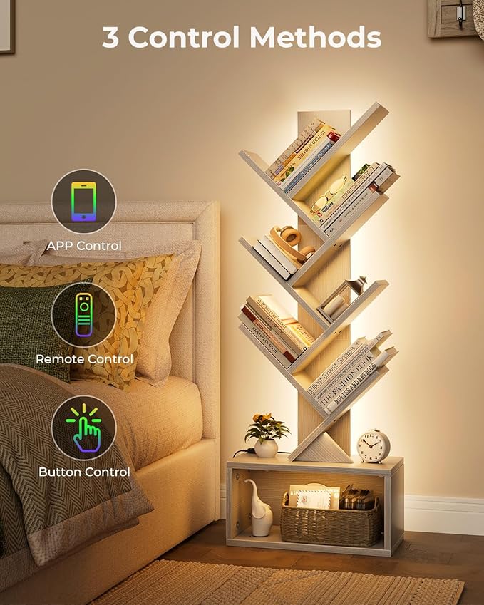 Evermagin 6 Tier Tree Bookshelf with Lights, LED Book Tree Bookcase with Storage Organizer, Small Corner Bookshelf Floor Standing Book Shelf for Living Room, Bedroom & Home Office, White