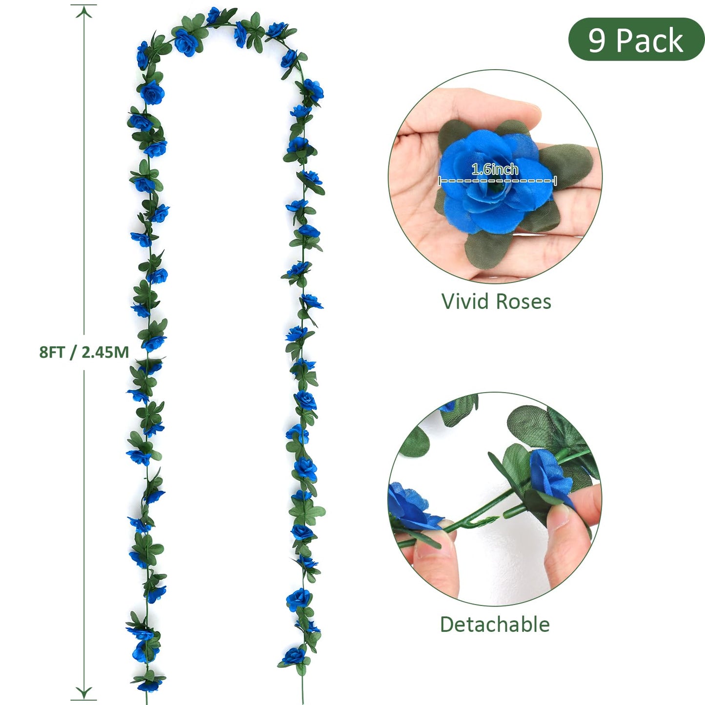 KHOYIME 9 Pack 72 FT Artificial Flower Garland, Fake Blue Roses Vines Silk Flowers Faux Plastic Outdoor Hanging Floral Ivy Garland Decoration for Wedding Arch Bedroom Home Wall Backdrop Room Decor