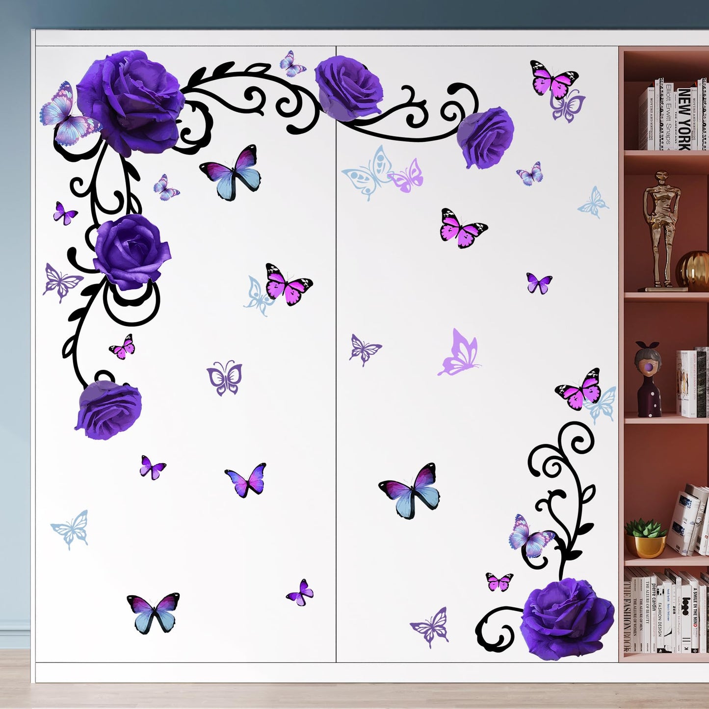 Removable Purple Floral Rose Wall Decor 3D Peel and Stick Flower Vine Black Plants Vines Leaf Wall Stickers Flying Butterfly Wall Decals for Kids Girls Baby Bedroom Nursery Living Room (Purple)