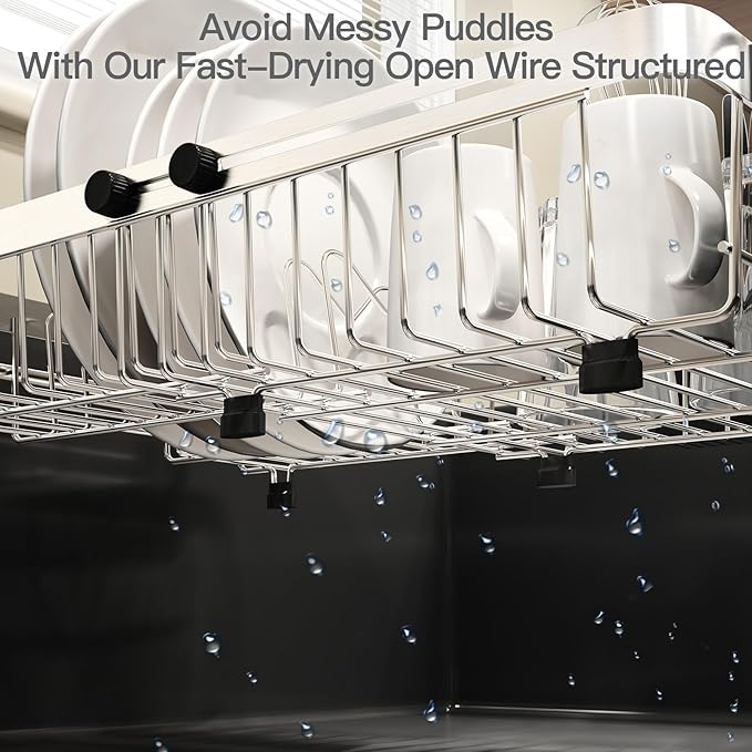 MAJALiS Dish Drying Rack Over The Sink with Utensil Holder, Mat | Expandable Stainless Steel Dish Drainer for Small Kitchen, Apartment, RV, Counter Space Saving, Perfect Fit, Rustproof