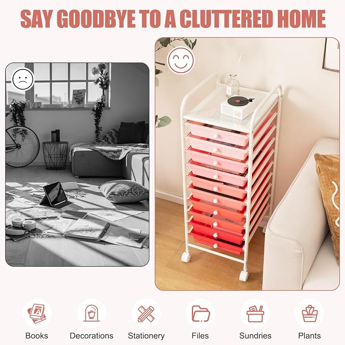 MEDIMALL 10 Drawers Rolling Storage Cart, Multipurpose Craft Storage Cart with Wheels, Mobile Tools Scrapbook Paper Organizer Cart for Office School Home Use