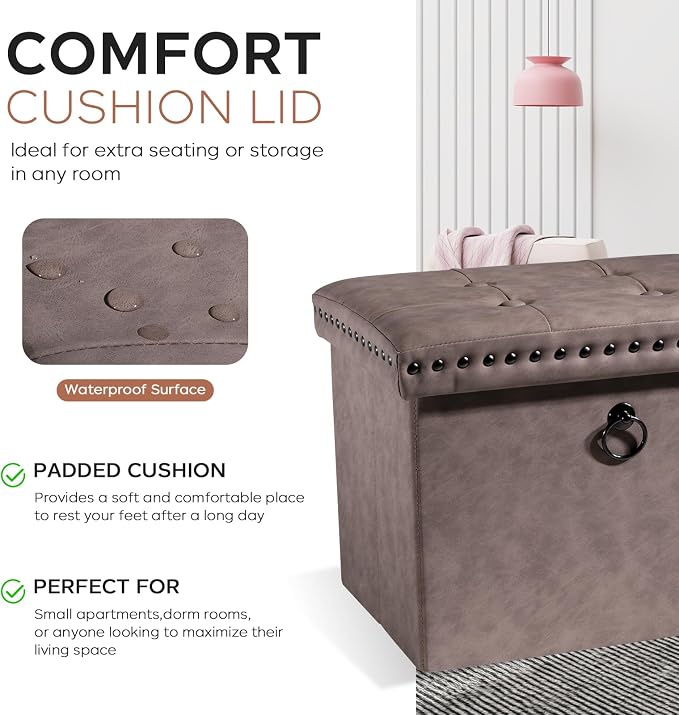oakvivo 16x12x12 Inches Folding Cube Storage Ottoman, Small Leather Foot Rest Stool with Button Tufted Rivet Design, Footstool Bench, Ottoman with Storage for Living Room, Coffee Table, Oak Brown