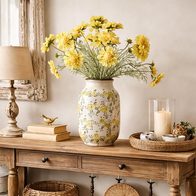 SIDUCAL Ceramic Vintage Pastoral Vase, 8.78 Inch Chinoiserie Floral Vase, Retro Ice Cracked Rustic Farmhouse Vases for Home Decor, Living Room, Bookshelf, Office, Tuscan Decor, Yellow Rose Pattern