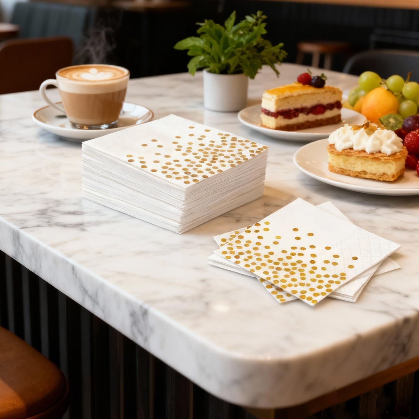 Yinbanban Stylish Paper Napkins 100 Packs,6.5" White Napkins with Gold Polka Dots Design,Great Cocktail Napkins,Dinner Napkins Disposable for Easter Wedding Birthday Party or Daily Use
