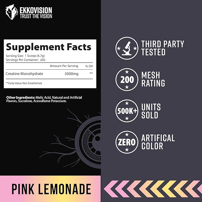Ekkovision Creatine Monohydrate Powder, Micronized, Pink Lemonade, Pre Workout & Post Workout Supplement for Men and Women, Energy Support, Easy to Mix in Shakes, Smoothies & Beverages, 200 Servings