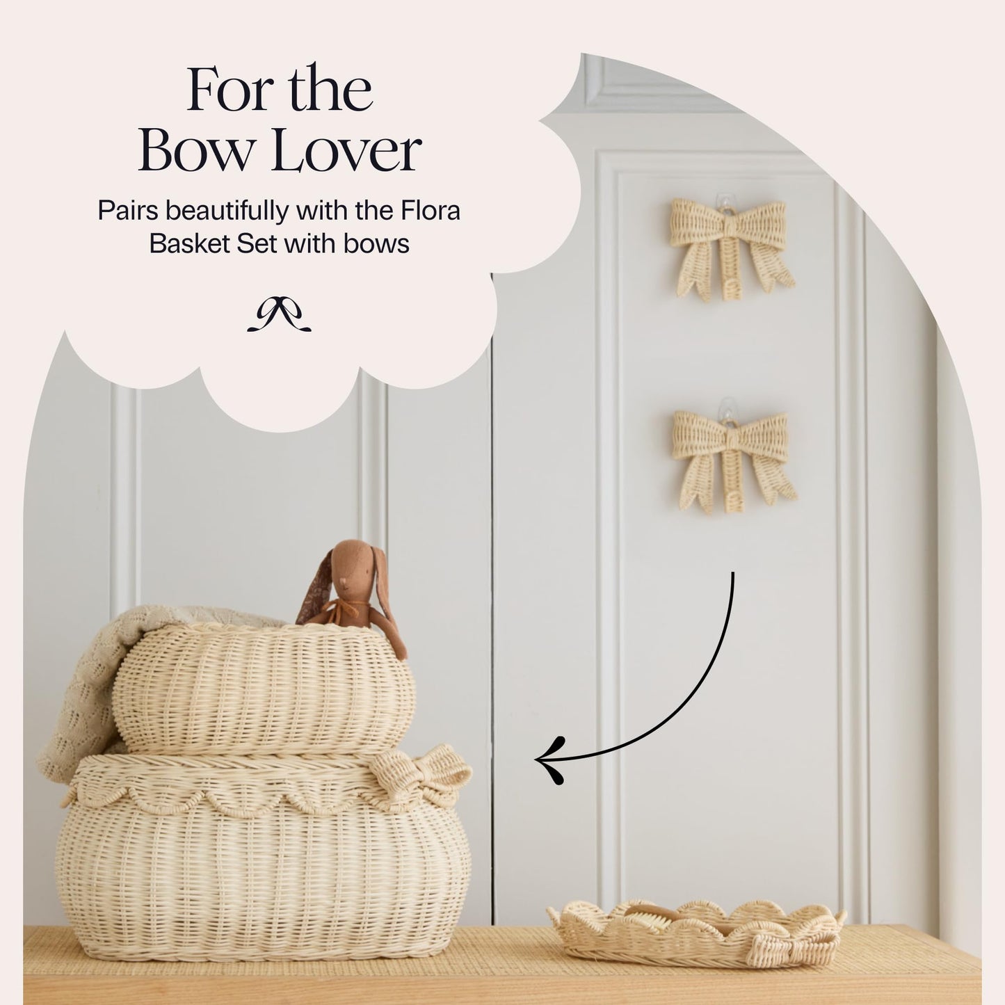 BEBE BASK Handwoven Rattan Bow Wall Hooks Set of Two (5.9 × 5.1 in) – Decorative Wall Hooks, Bow Decor for Girl’s Room & Nursery Decor