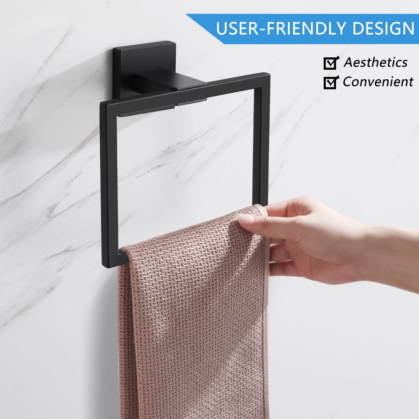 LANC Hand Towel Holder for Bathroom Wall Mount Matte Black Square Hand Towel Rings for Bathroom Hardware Accessories Kitchen Toilet SUS 304 Stainless Steel Shower Towel Hanger Racks, A8896MB