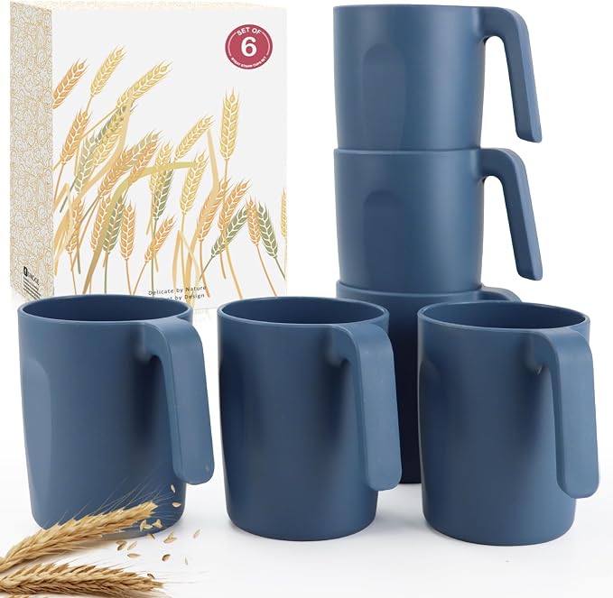 Wrova 16oz Wheat Straw Cups with handles set of 6-Plastic Cups Reusable-Unbreakable Kids Mugs-Dishwasher Safe & Microwave Safe-Ideal Plastic Mugs for Tea,Coffee,Camping,RV-Navy Blue