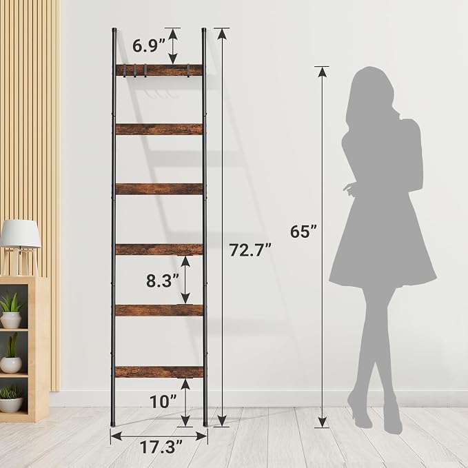 ELYKEN Blanket Ladder for Living Room, Farmhouse 6-Tier Quilt Holder with 4 Removable Hooks for Bathroom, Wood Towel Rack Display, Wall Anchor Leaning Decorative Stand for Home, Rustic Brown