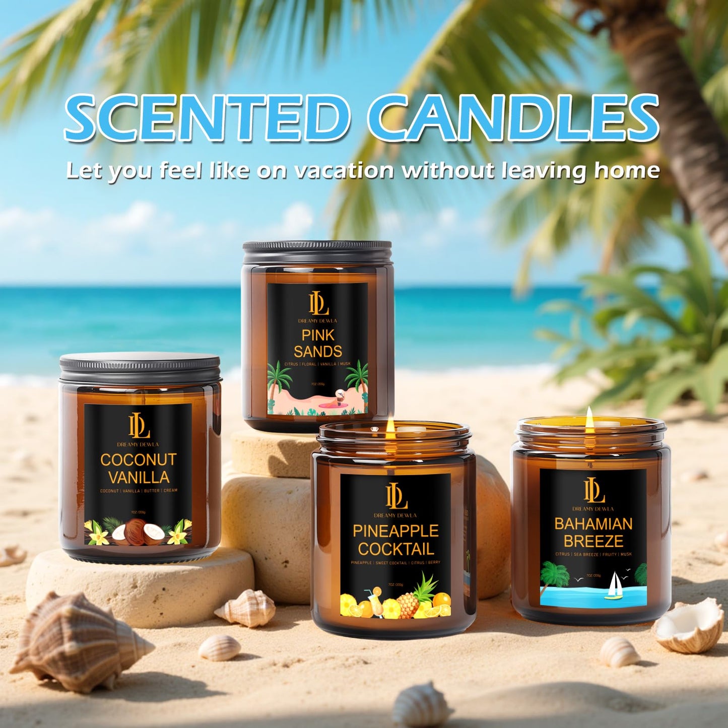 Scented Candles Set, 4 Pack Soy Candles for Home Scented, Candle Gifts for Men Women, Scents of Pineapple Cocktail/Coconut Vanilla/Pink Sands/Bahamian Breeze