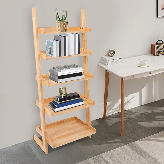 Ladder Bookshelf, 5 Tier Leaning Bookshelf Leaning Ladder Shelf with Stable Structure Rustic Style Ladder Shelves Storage Rack for Living Rooms, Bedrooms, Study Rooms (Wood Color)