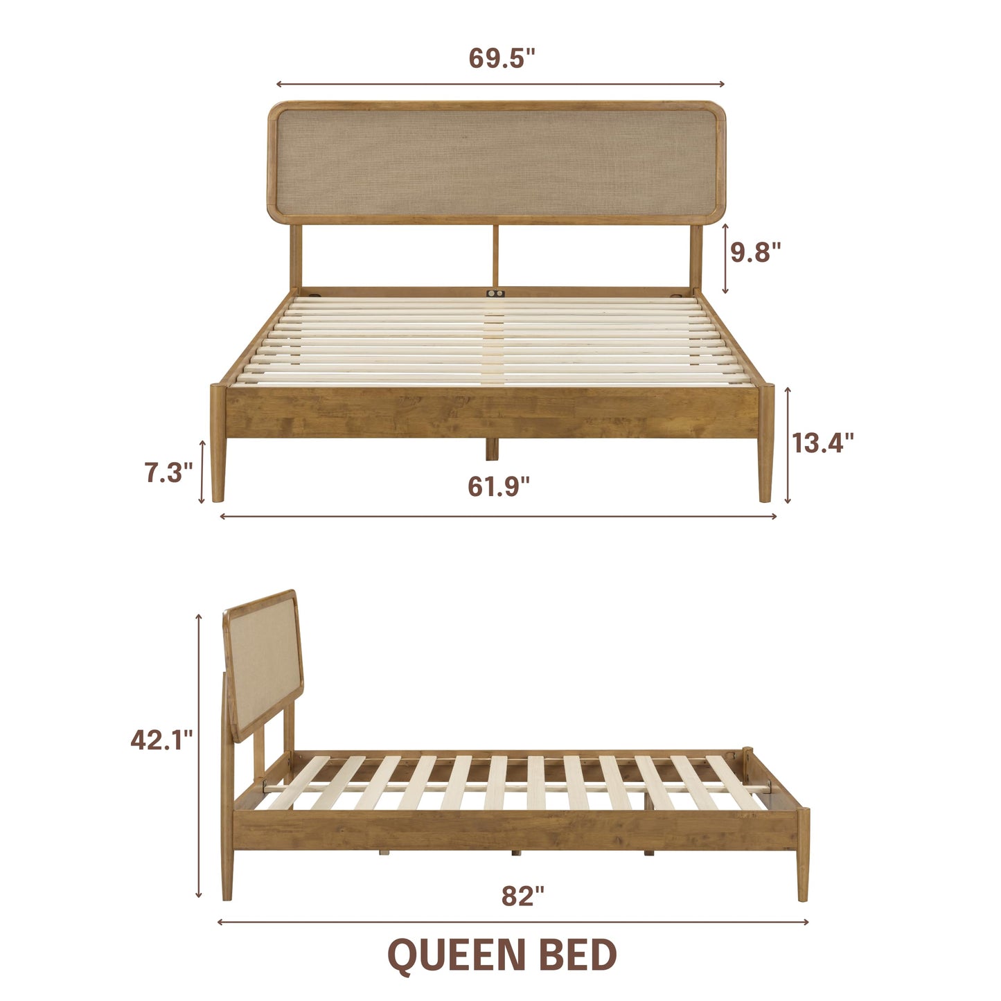 NTC Lupin Wooden Bed Frame with Headboard, Solid Oak and Rubber Wood Foundation with Silent Slats and Wood Central Supports, 1000 Lb Capacity, Queen - Teak Look