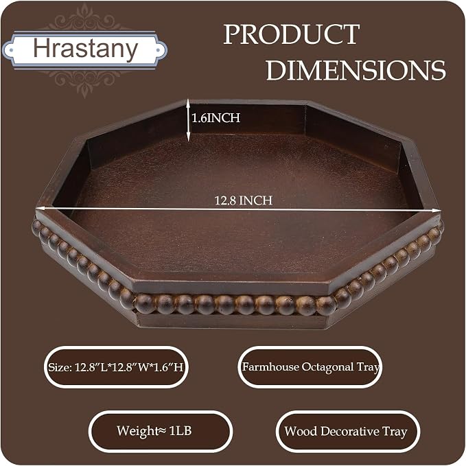 Hrastany Retro Brown Octagonal Wood Decorative Tray, Small Farmhouse Wooden Serving Tray with Beads, Versatile Coffee Table Tray for Kitchen Counter, Ottoman, Living Room