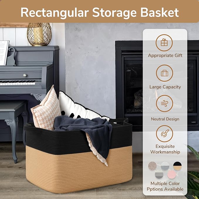 Goodpick Large Woven Blanket Basket 23.6" x 15.7" x 13.8" Cotton Rope Storage Organizer for Dirty Clothes Pillows, Wicker Storage Basket for Living Room Bedroom, Black & Jute
