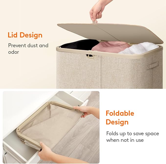 Lifewit 165L 3 Section Laundry Hamper with Lid, Large Laundry Basket with Handles and Removable Bags, Tall Clothes Hamper, Foldable Laundry Sorter for Bedroom Bathroom, Beige
