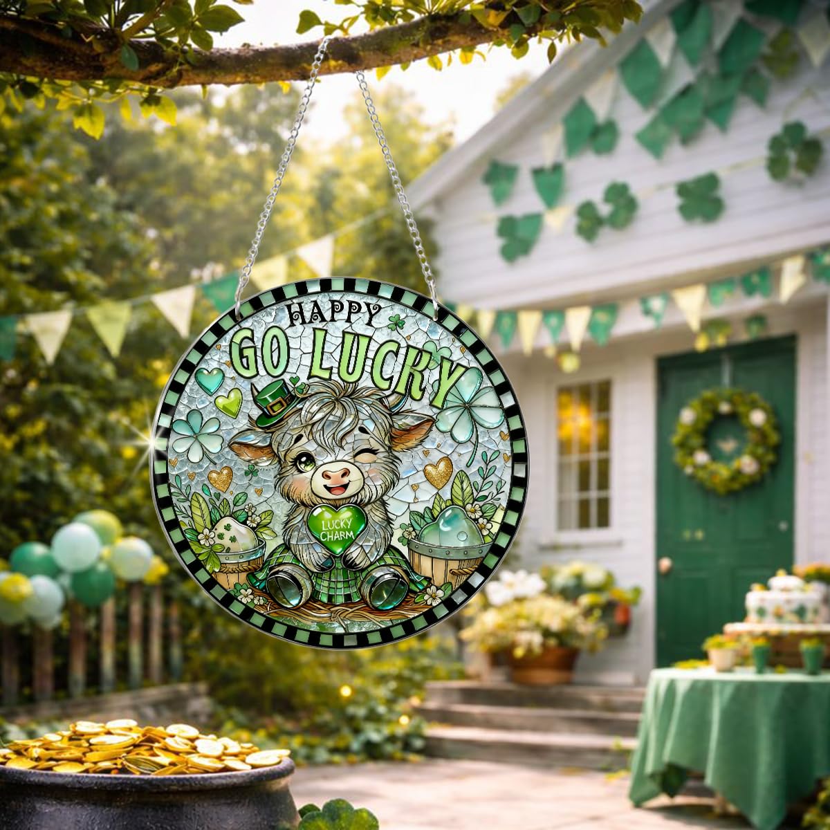 Lucky Charm Highland Cow Decor, Go Lucky Shamrock Acrylic Hanging, St. Patrick’s Day Irish Home Decoration Indoor Outdoor, Sweet Gift for Family Friends