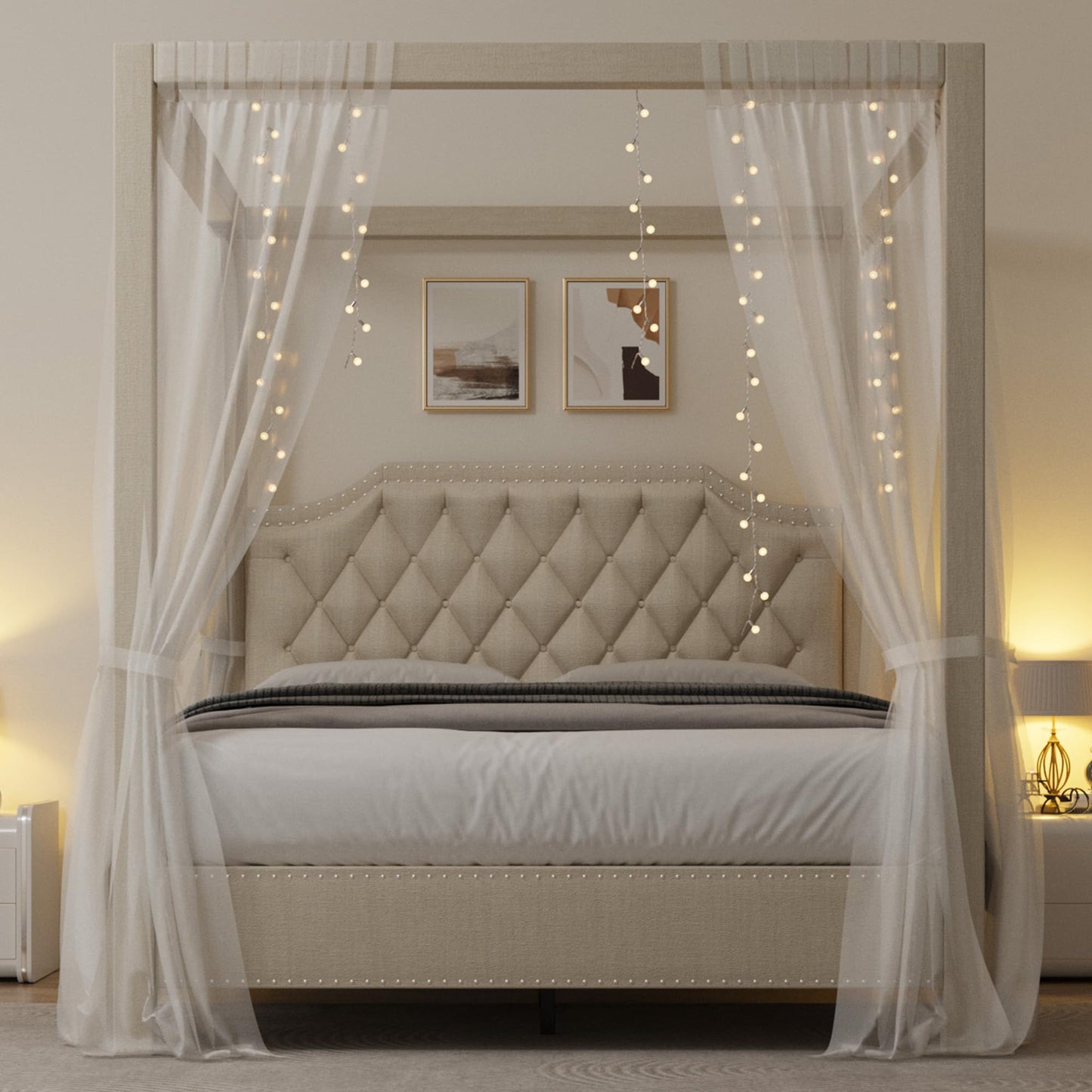 GarveeHome Upholstered Canopy Bed Frame Queen Size with headboard, Button Tufted, Nailhead Trim Design, No Box Spring Required, Beige(Shipped in 2 Boxes)