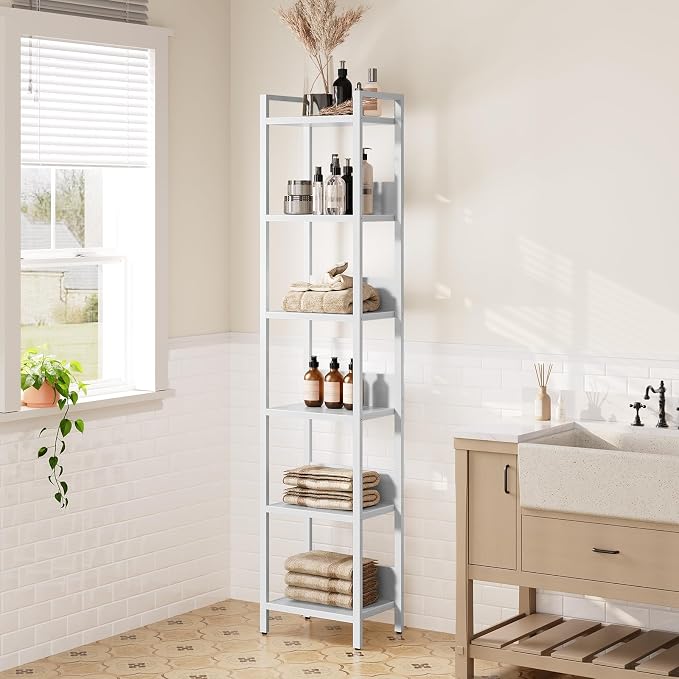 MAHANCRIS Bookshelf, 6-Tier Bookcase, Standing Book Shelf for Small Space, Storage Shelf Organizer, for Living Room, Bedroom, Study, Balcony, White BKBW6601