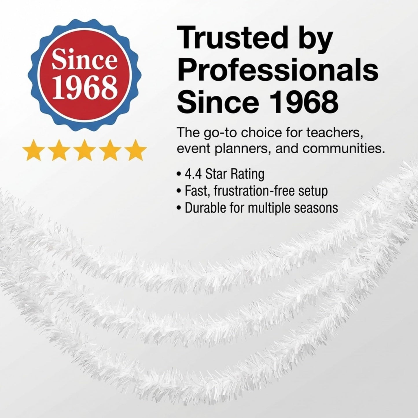 Anderson's Metallic White Tinsel Twist Garland, 25ft Holiday Decoration, Christmas Tree Trim, Parade Float Decor, Party Supplies, Halloween, Graduation, Indoor Outdoor Event Garland