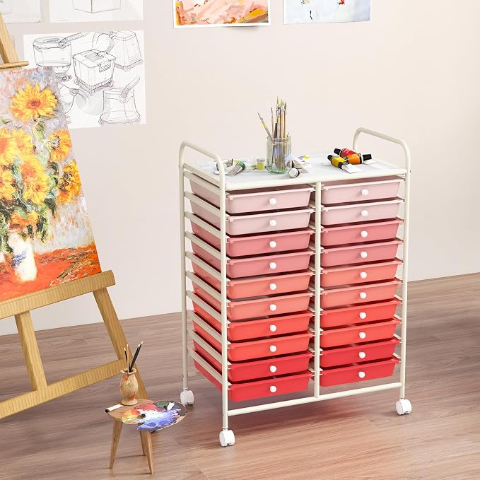 COSTWAY 20-Drawer Rolling Storage Cart, Utility Storage Organizer Cart for Tools, Scrapbook, Paper, Craft, Multipurpose Storage Trolley on Wheels for Home Office School, Mixed Pink