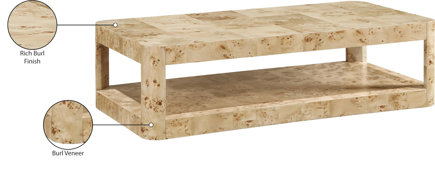 Meridian Furniture 99068Burl-CT Reeves Collection Art Deco Coffee Table with Rich Burl Finish, Burl Veneer, Mix of Solid Wood and MDF, 54" W x 28" D x 15" H, Beige