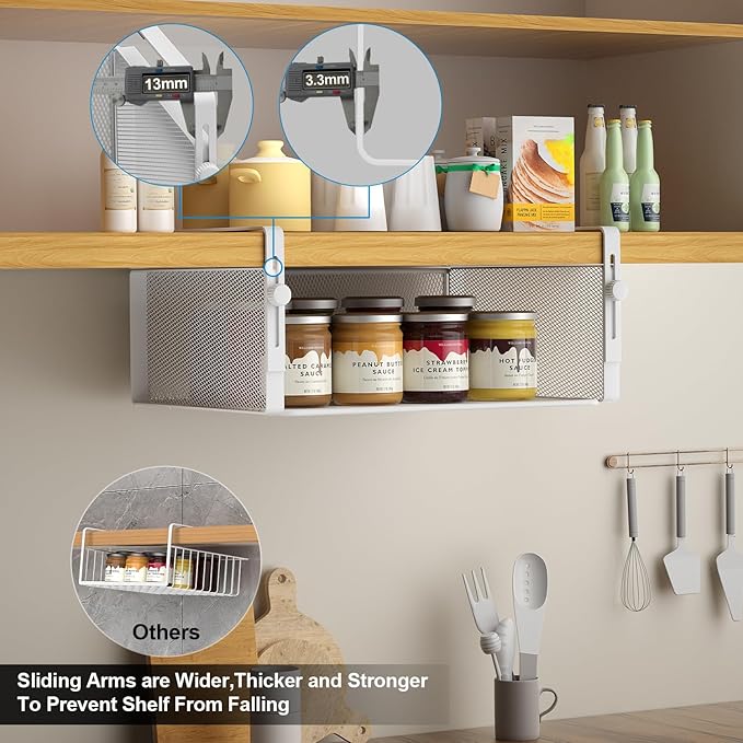 AmonHouseware 2Pack Under Shelf Basket Organizer,Adjustable Hanging Holder for Cabinet Pantry Kitchen Cupboard Desk Counter Bookshelf Organization Add-on Space Saver Heavy Duty Slide-in (White, Large)