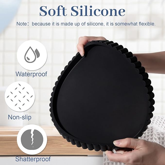 Round Bathroom Tray Silicone Kitchen Counter Decor Vanity Organizer Decorative Coffee Table Tray for Perfume, Candle, Soap Dish, 12 Inch, Black