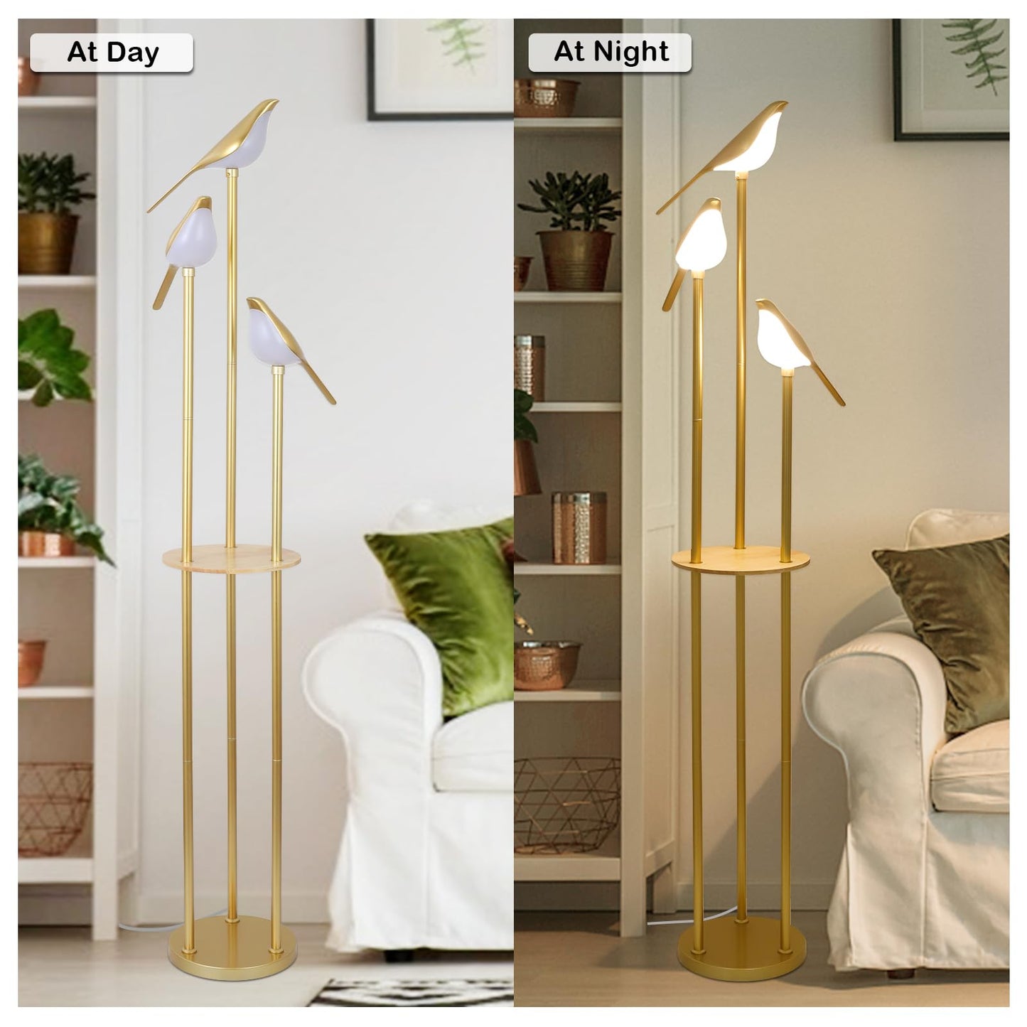 Gold Floor Lamps for Living Room, Modern Floor Lamp with Shelves, Mid Century Standing Lamp with 3 Adjustable LED Bird Lights, Corner Tall Lamp with Table, Brass Stand up Lamp for Bedroom Kids Room