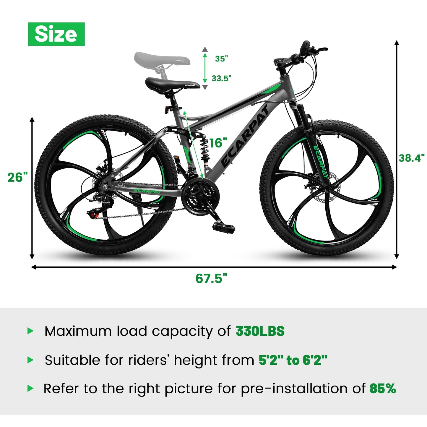 Ecarpat Full Suspension Mountain Bike 26 Inch Wheel, 21 Speed Mountain Bicycle with High-Carbon Steel and Dual Disc Brakes, Outdoor Cycling MTB Bike for Men Adult, Gray