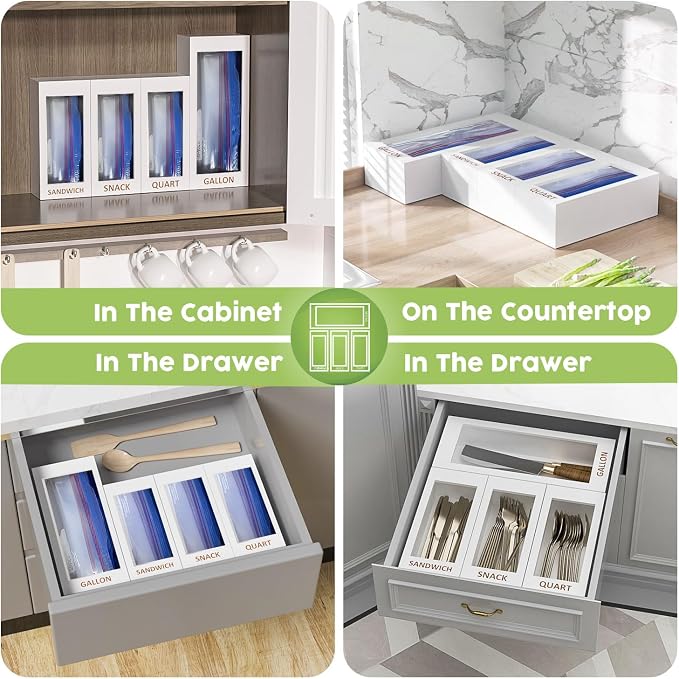 DALSHABET Bamboo Storage Bag Organizer for Kitchen Drawer, 4 Separate Food Storage Bag Organizer, 12x14 Baggie Organizer Dispenser for All Brands Gallon, Snack, Sandwich & Quart Slider Bags White